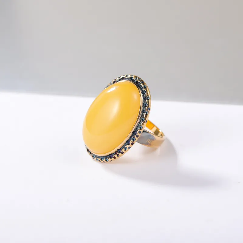 S&A S925 Silver With Amber Beeswax Inlay Ring Fine Jade Ring Women's-2
