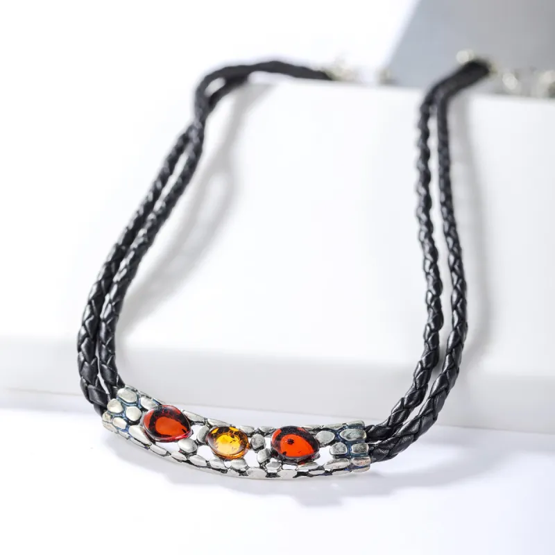 S&A S925 Silver Inlaid Amber Beeswax Necklaces Women's-2