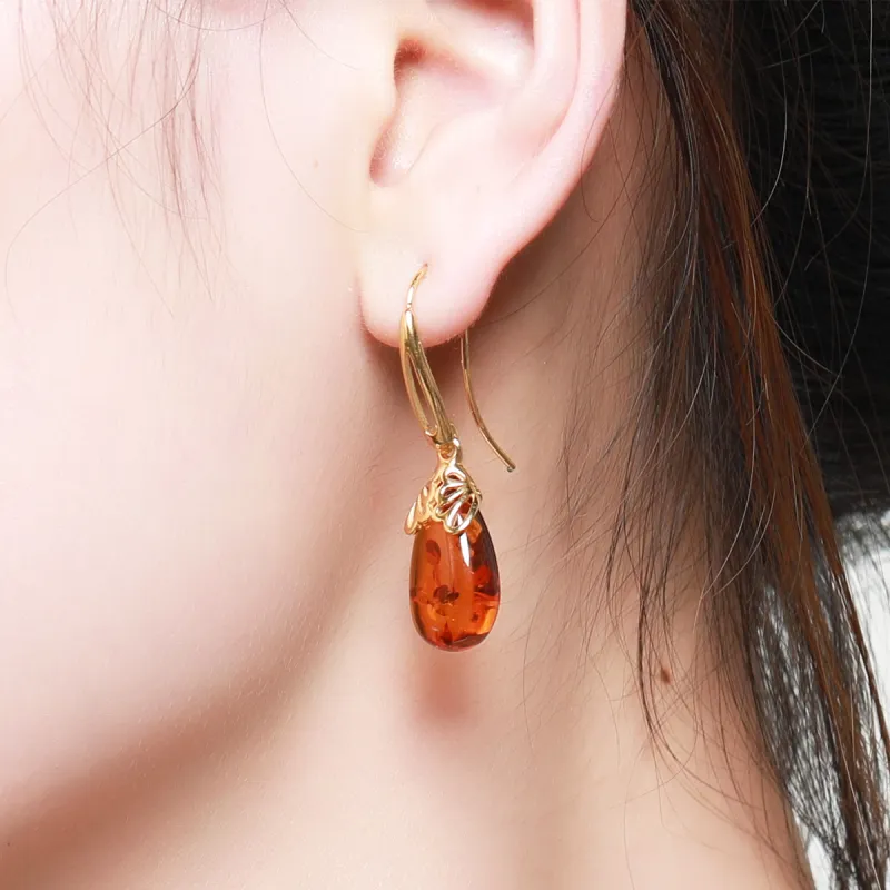 S&A S925 Silver With Gemstones Amber Beeswax Hoop Earrings Drop Earrings Fine Jade Earrings Women's-5