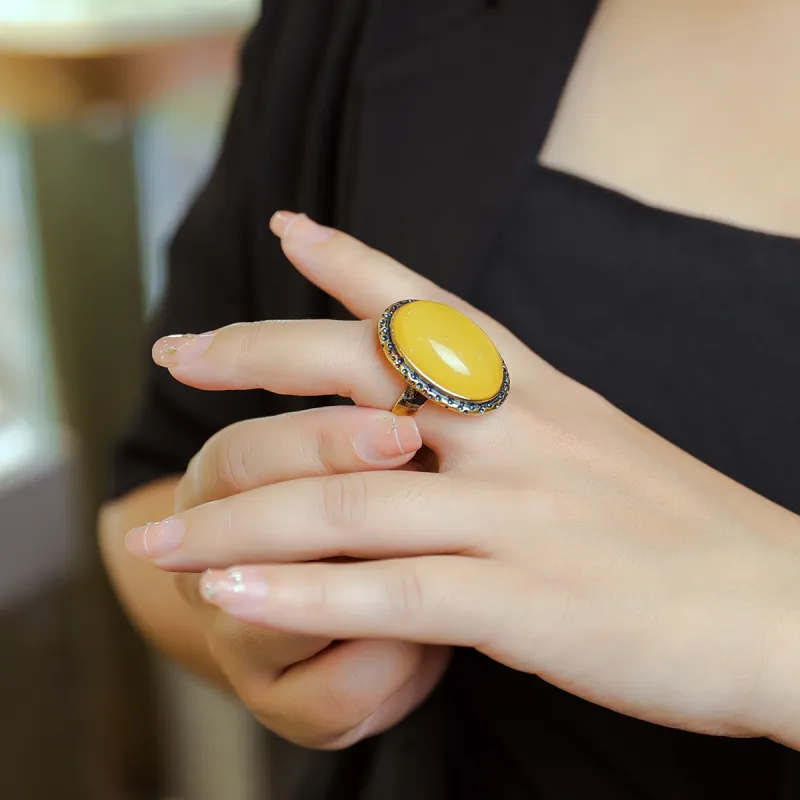 S&A S925 Silver With Amber Beeswax Inlay Ring Fine Jade Ring Women's-4
