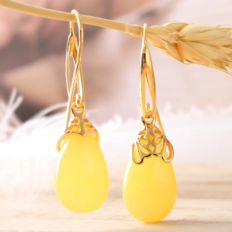 S&A S925 Silver With Gemstones Amber Beeswax Hoop Earrings Drop Earrings Fine Jade Earrings Women's-2