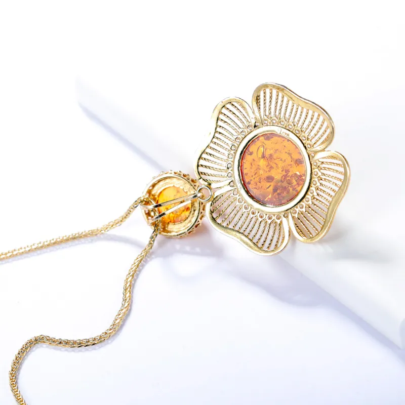 S&A S925 Silver Inlaid Amber Beeswax Necklaces Women's-3