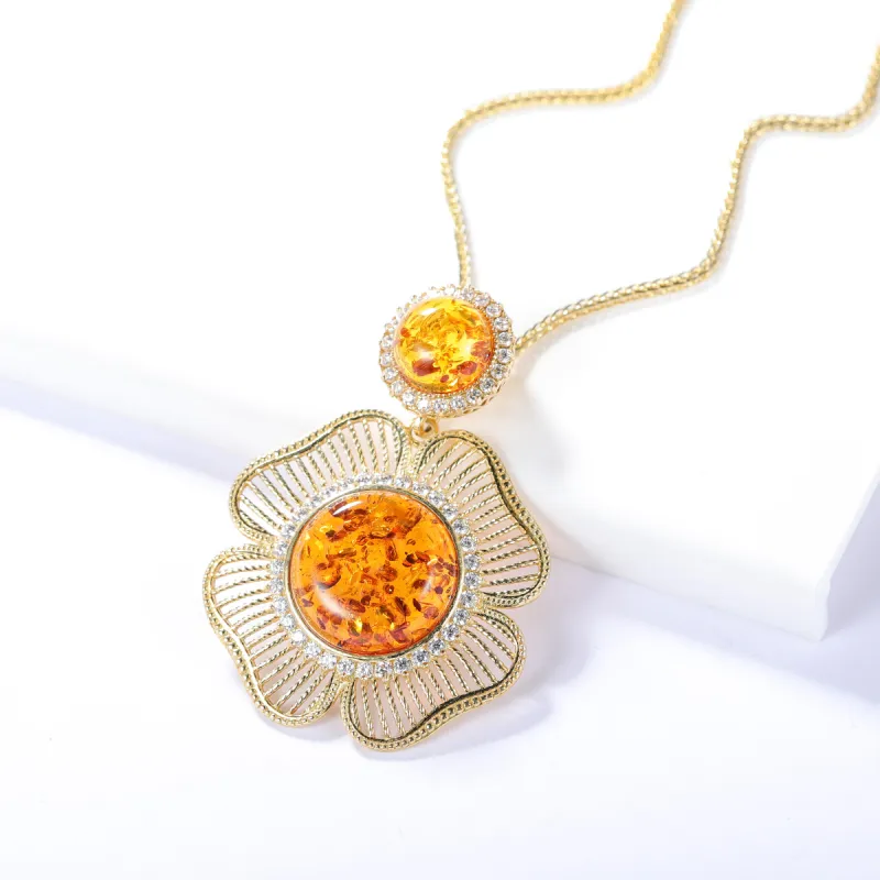 S&A S925 Silver Inlaid Amber Beeswax Necklaces Women's-2