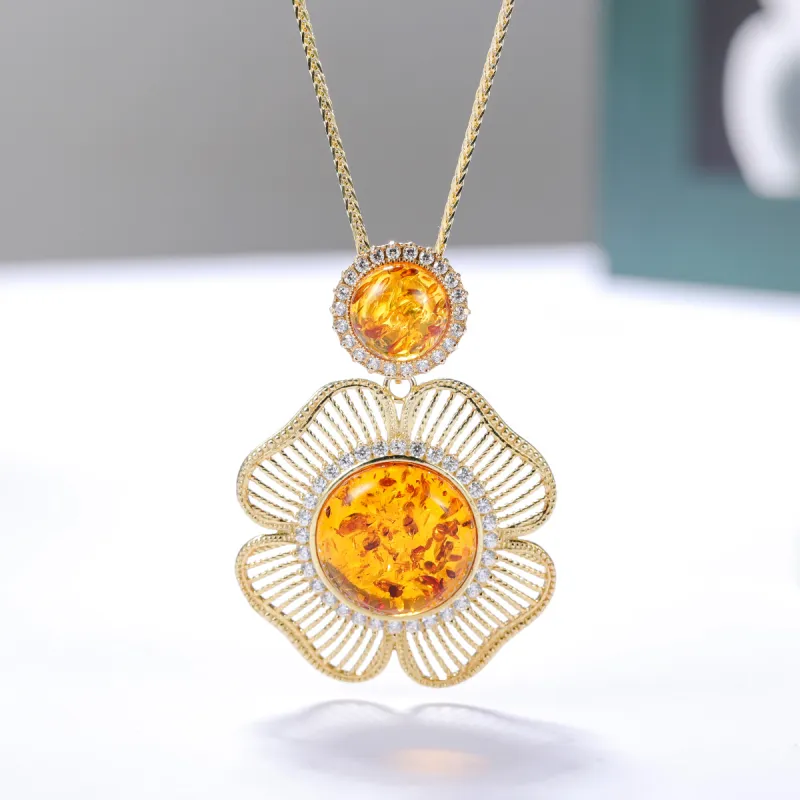 S&A S925 Silver Inlaid Amber Beeswax Necklaces Women's-1