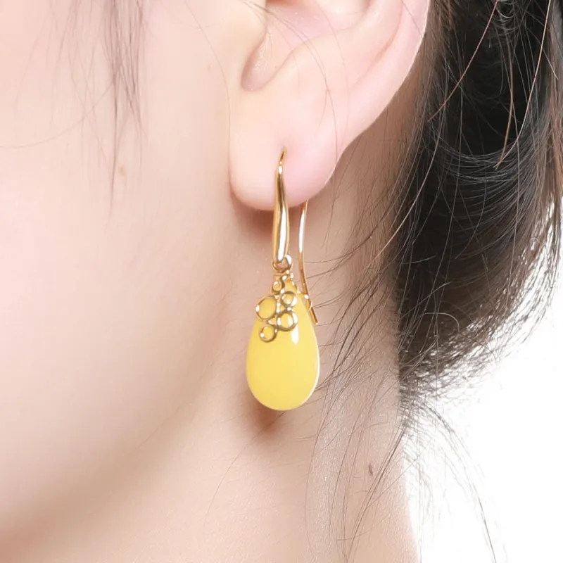 S&A S925 Silver With Gemstones Amber Beeswax Hoop Earrings With Fine Jade Earring Women's-2