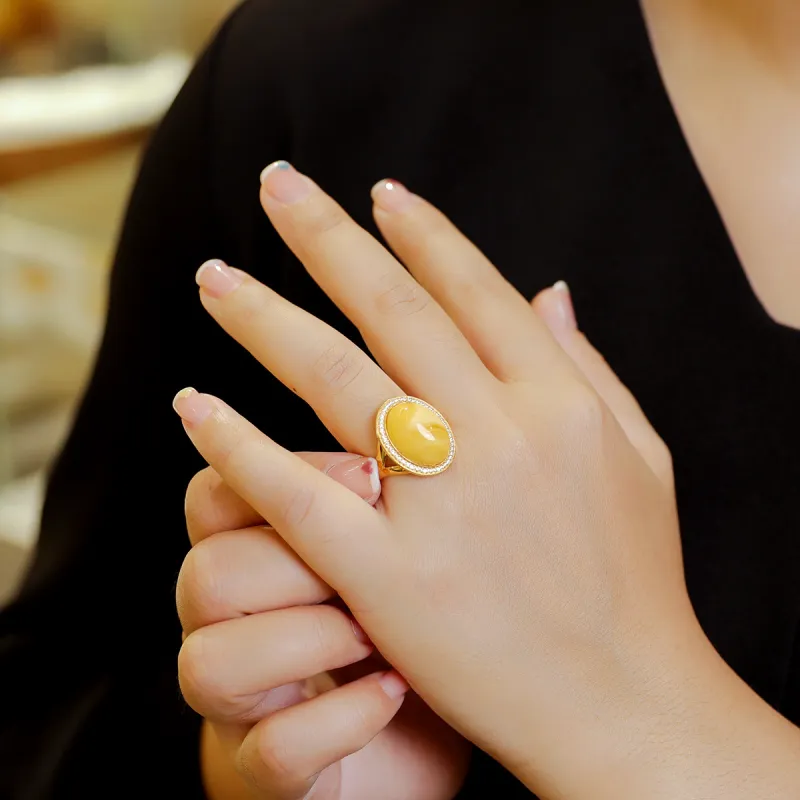 S&A S925 Silver Amber Beeswax Jade Rings Women's-2