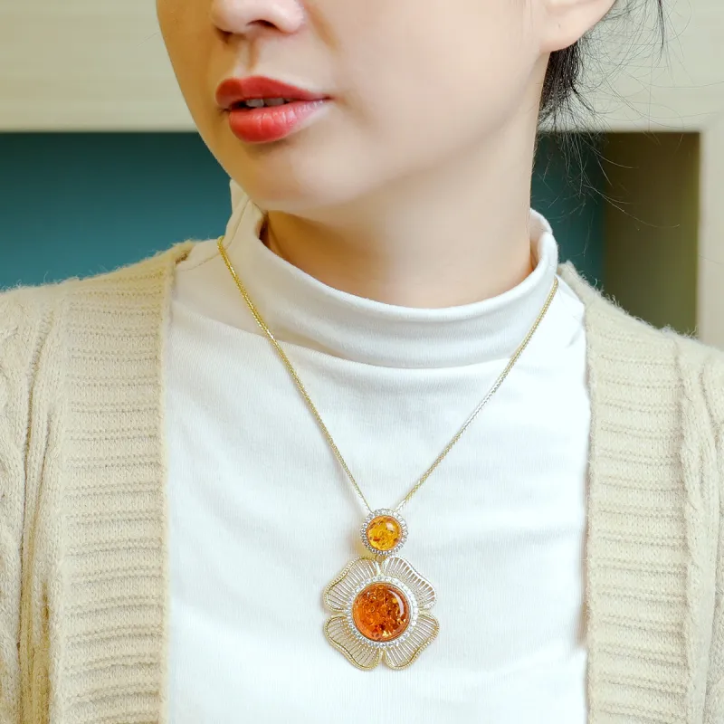 S&A S925 Silver Inlaid Amber Beeswax Necklaces Women's-4