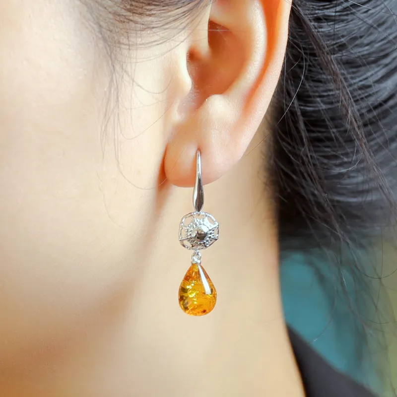 S&A S925 Silver With Natural Amber Earrings Women's-1