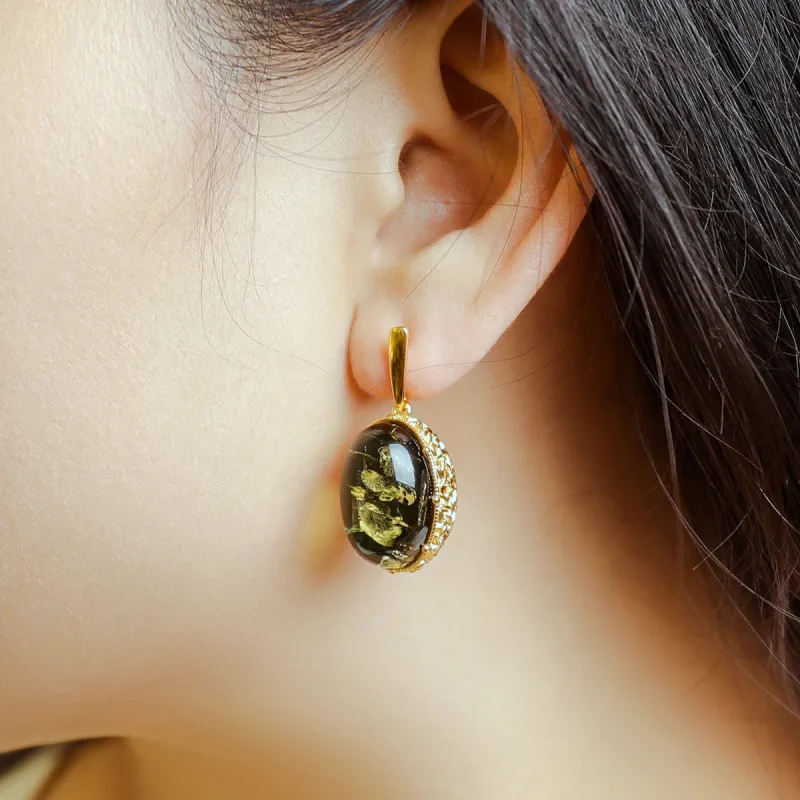 S&A S925 Silver With Amber Fine Jade Earrings Women's-2