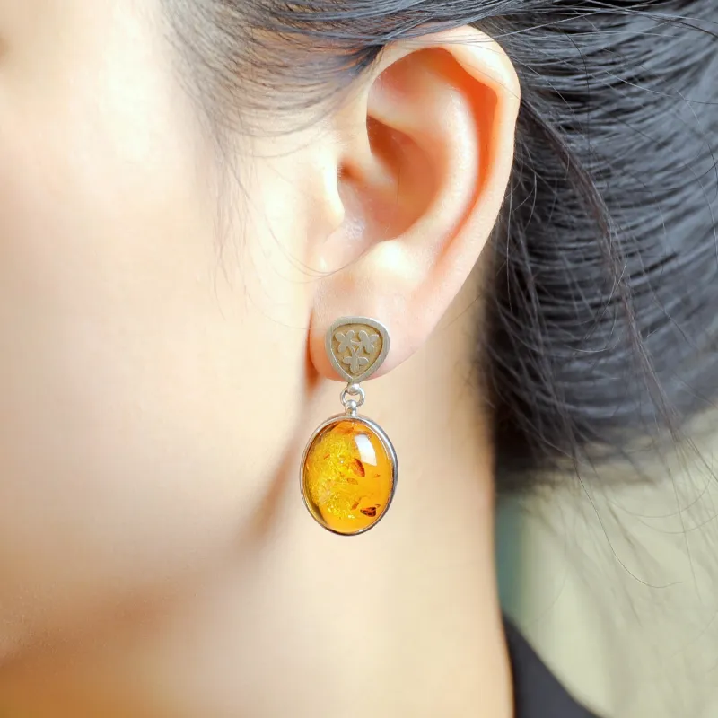 S&A S925 Silver With Amber Fine Jade Stud Earrings Women's-1