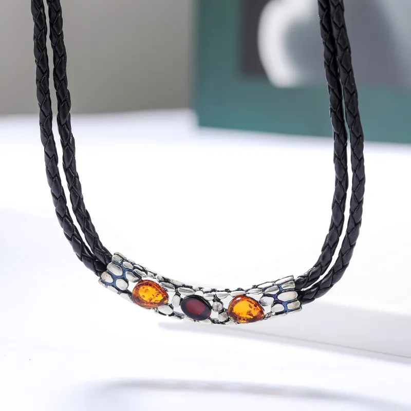 S&A S925 Silver Inlaid Amber Beeswax Necklaces Women's-5