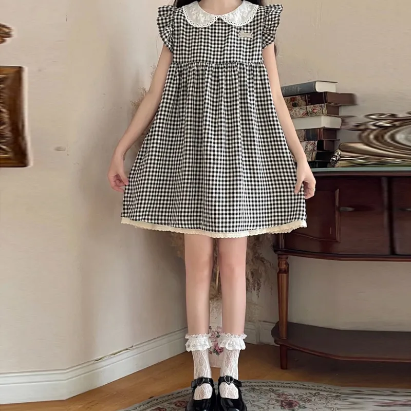 OURUOKE Sleeveless Dress Women's Black White Plaid-3