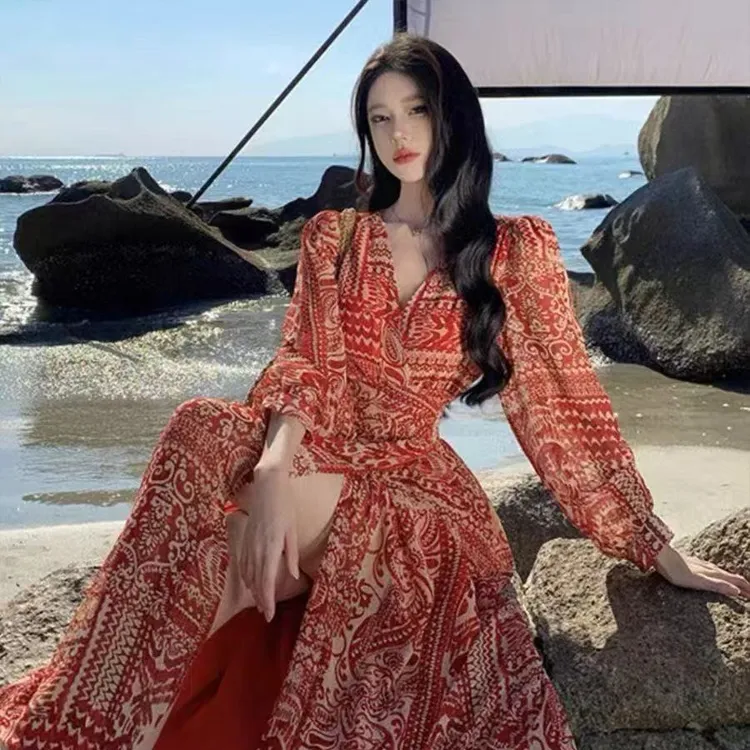 OURUOKE Long Sleeved Dresses Women's Red Box Included-5
