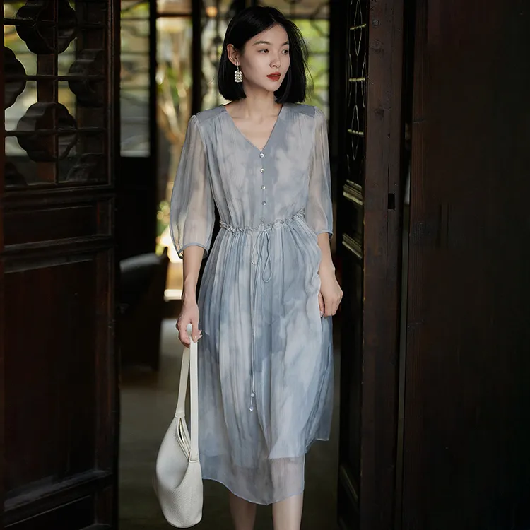 OURUOKE Long Sleeved Dresses Women's Blended Blue Shopping Bag Included-2