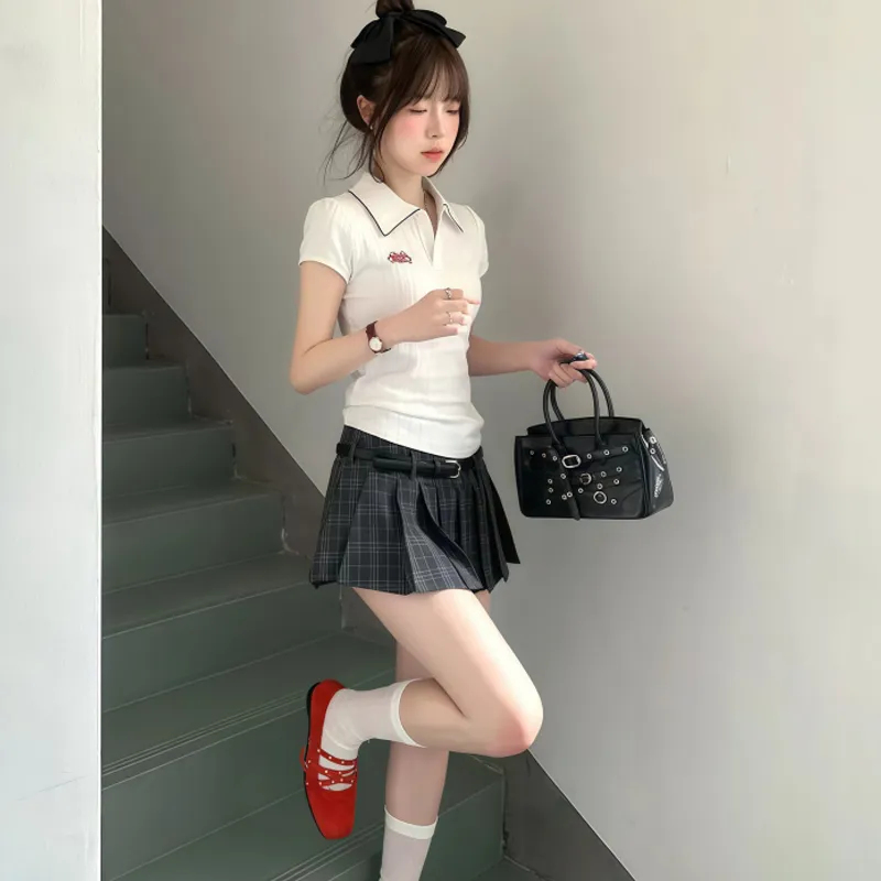 OURUOKE Two Piece Skirt Sets Women's Top+Plaid Short Skirt Shopping Bag-4