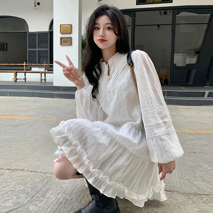 OURUOKE Long Sleeved Dresses Women's White-5