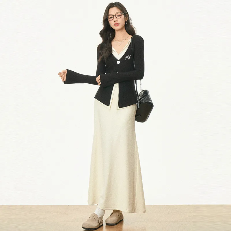 OURUOKE Casual Suit Women's Black+Apricot-3