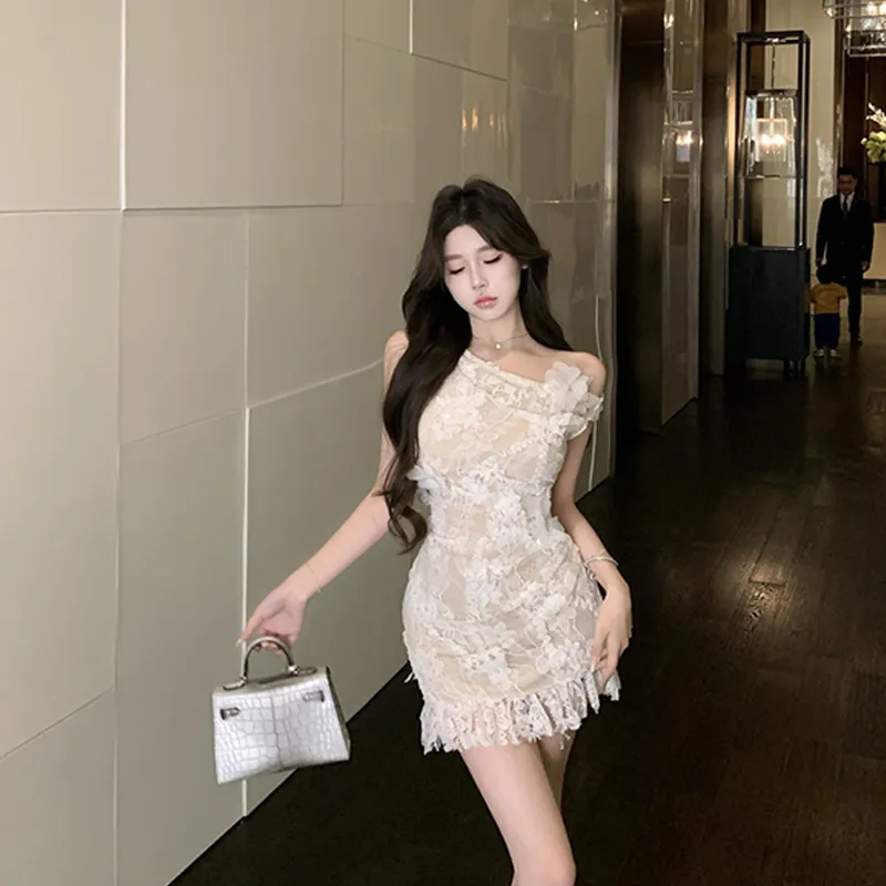 OURUOKE Sleeveless Dress Women's White+Brooch-6