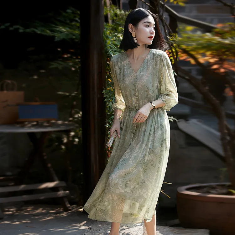 OURUOKE Long Sleeved Dresses Women's Green-4