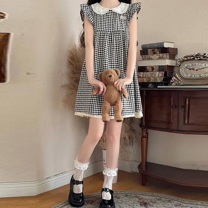 OURUOKE Sleeveless Dress Women's Black White Plaid-4