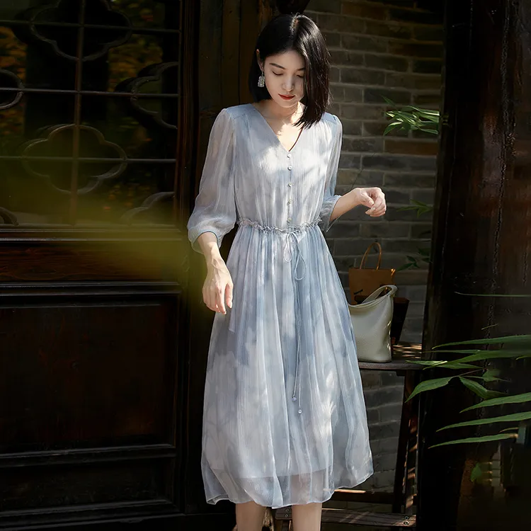 OURUOKE Long Sleeved Dresses Women's Blended Blue Shopping Bag Included-3