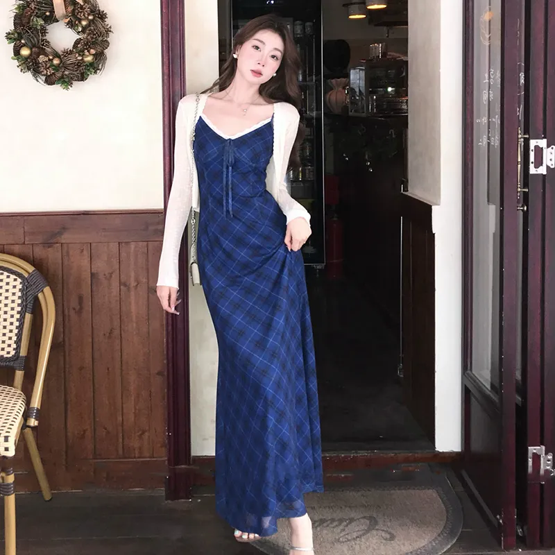 OURUOKE Slip Dresses Women's Blue Shopping Bag Included-2
