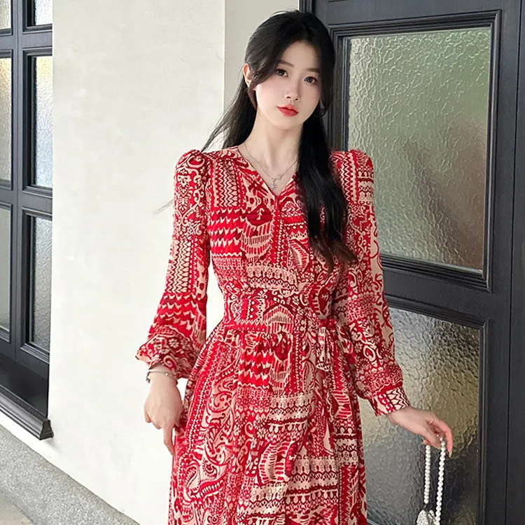 OURUOKE Long Sleeved Dresses Women's Red Box Included-2
