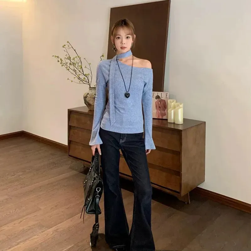 OURUOKE Knitwear Women's Blue Shopping Bag Included-2