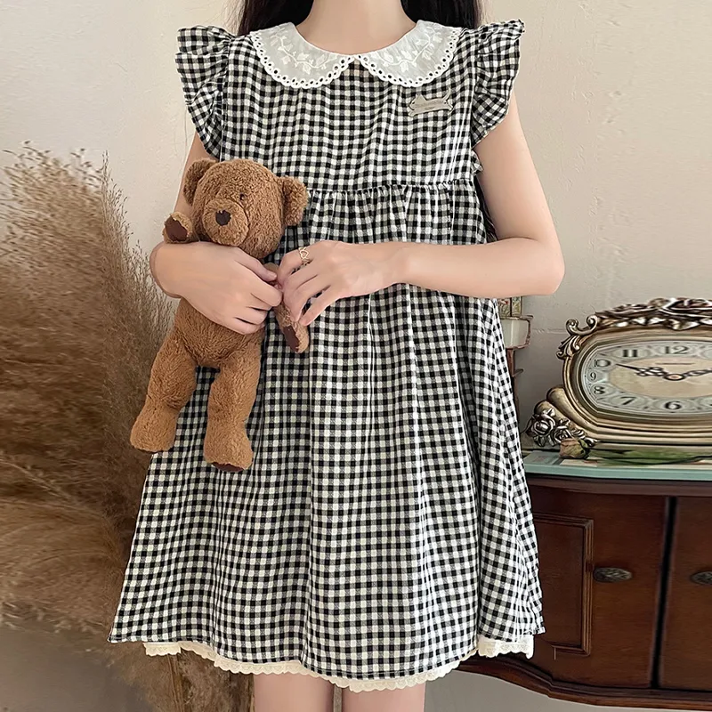 OURUOKE Sleeveless Dress Women's Black White Plaid-5