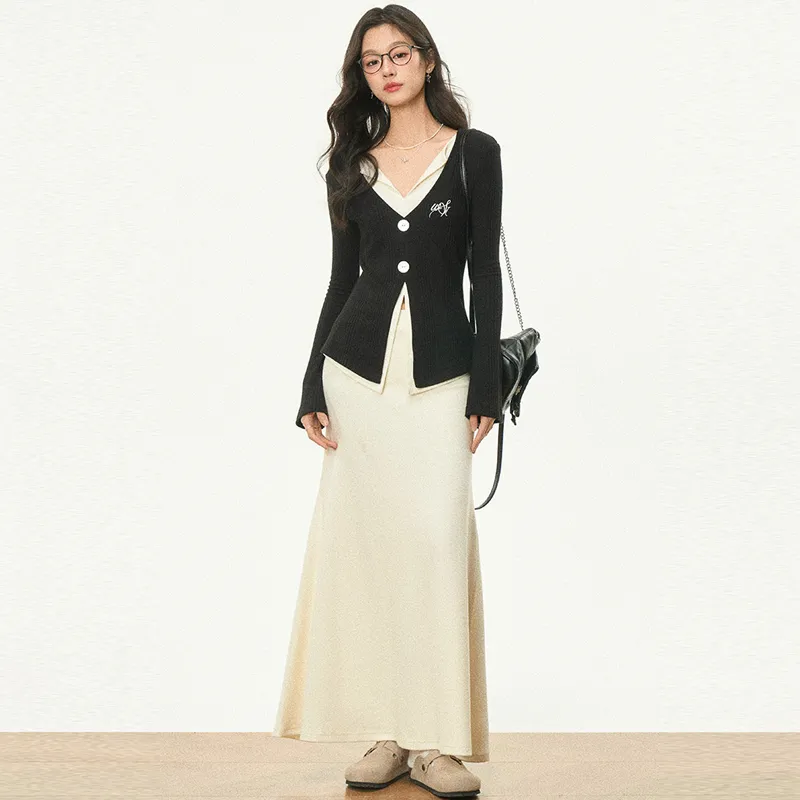 OURUOKE Casual Suit Women's Black+Apricot-6