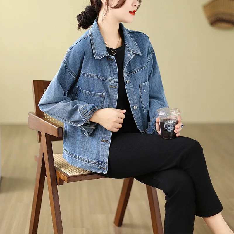 OURUOKE Denim Jacket Women's Blue Shopping Bag Included-4