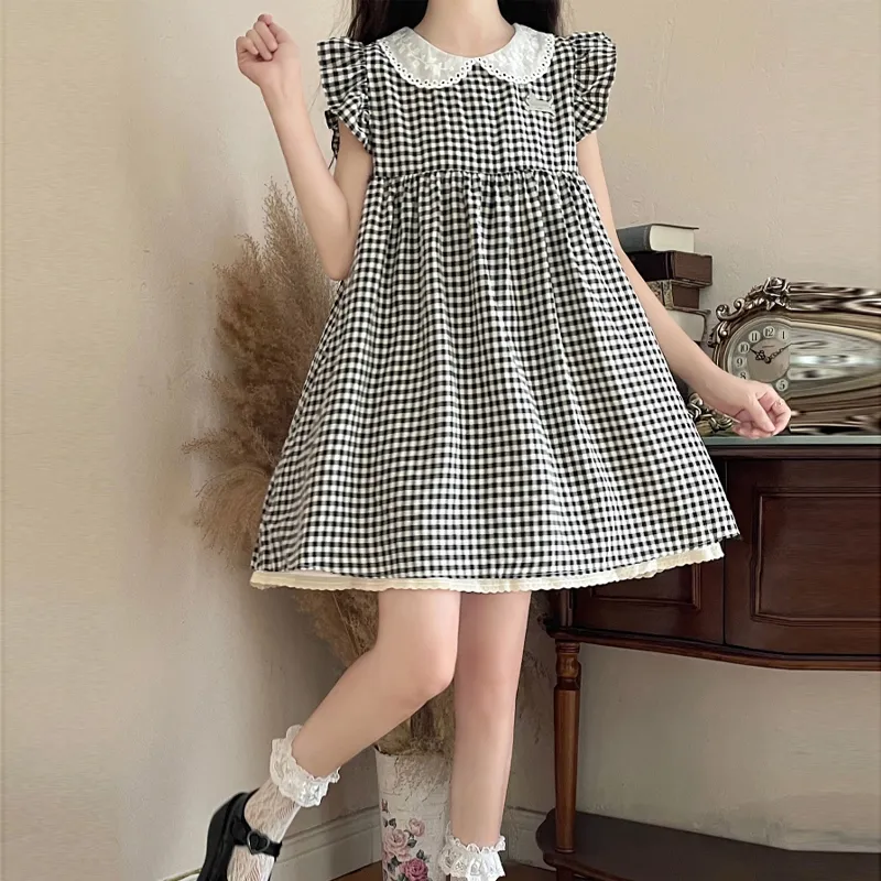 OURUOKE Sleeveless Dress Women's Black White Plaid-2