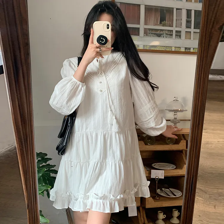 OURUOKE Long Sleeved Dresses Women's White-3