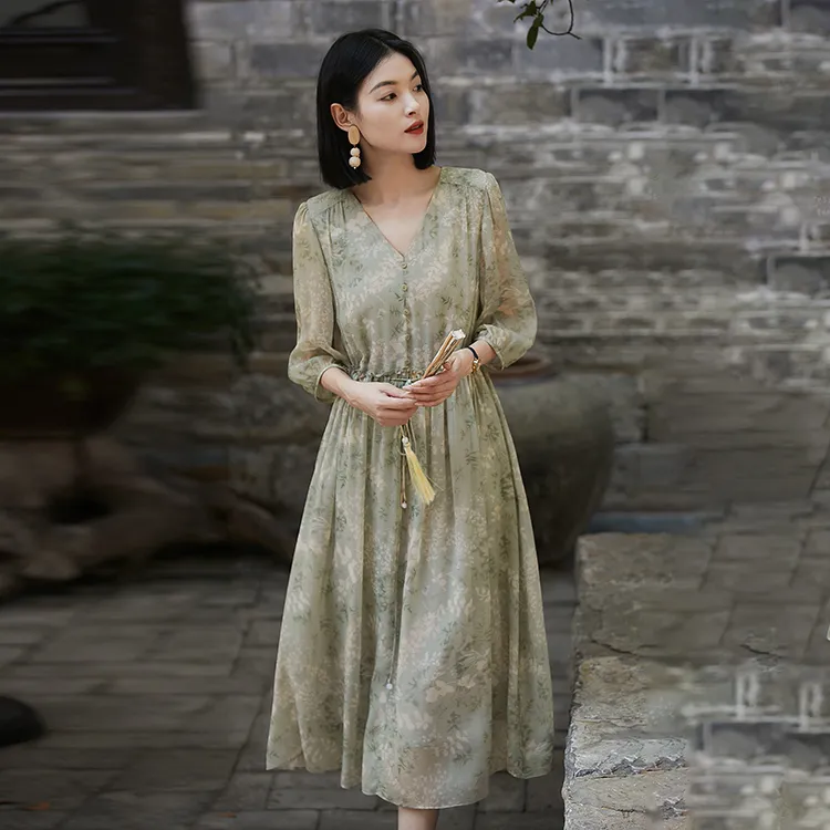 OURUOKE Long Sleeved Dresses Women's Green-2