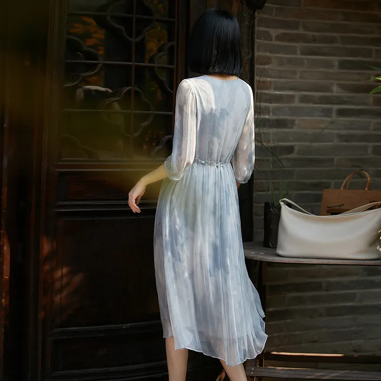 OURUOKE Long Sleeved Dresses Women's Blended Blue Shopping Bag Included-4