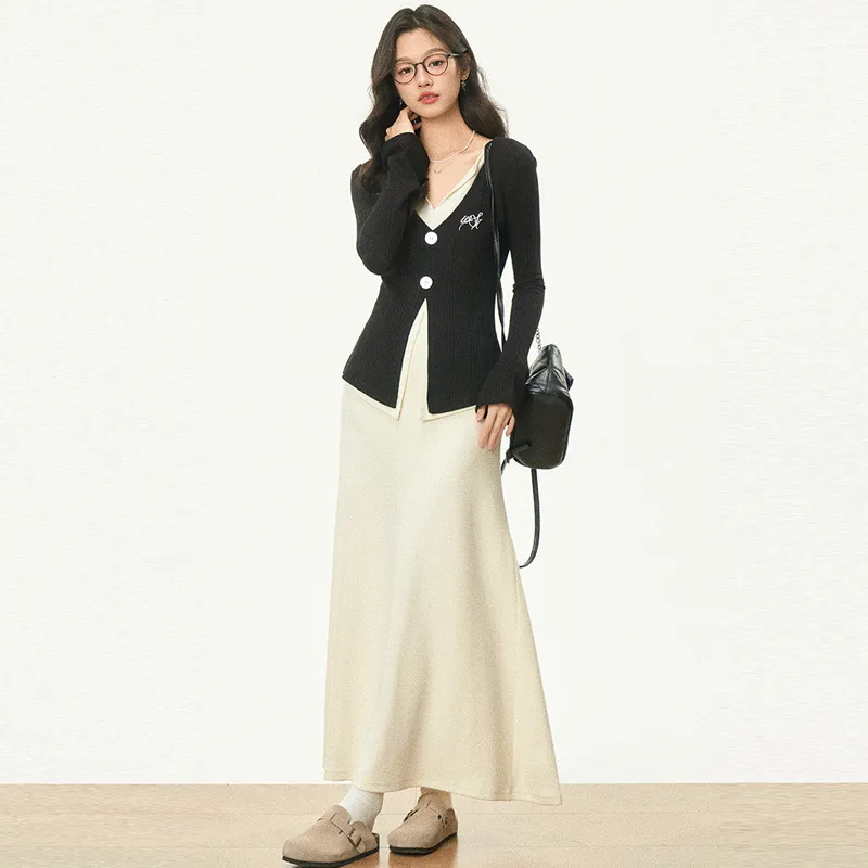 OURUOKE Casual Suit Women's Black+Apricot-4