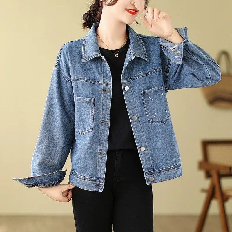 OURUOKE Denim Jacket Women's Blue Shopping Bag Included-2