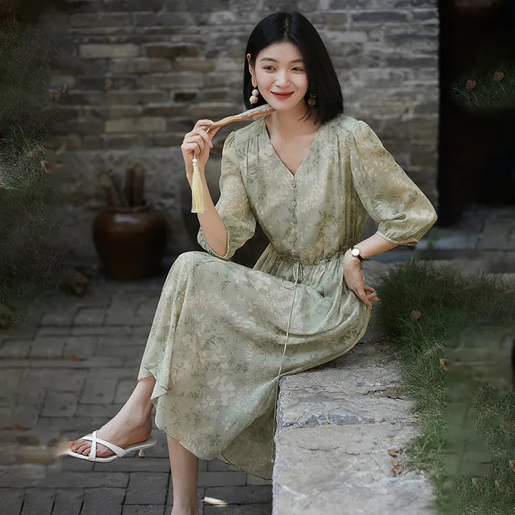 OURUOKE Long Sleeved Dresses Women's Green-6
