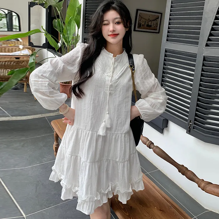 OURUOKE Long Sleeved Dresses Women's White-4