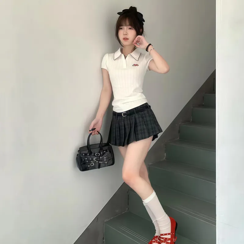 OURUOKE Two Piece Skirt Sets Women's Top+Plaid Short Skirt Shopping Bag-2