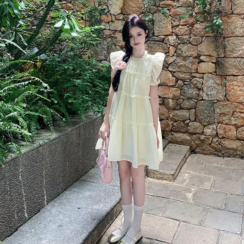 OURUOKE Short Sleeved Dress Women's Apricot-2