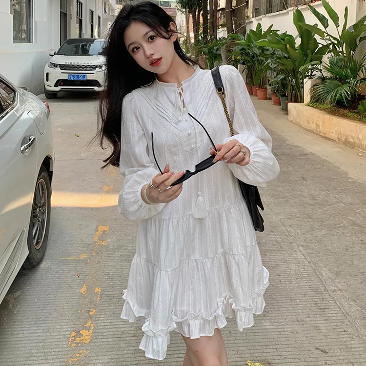 OURUOKE Long Sleeved Dresses Women's White-7
