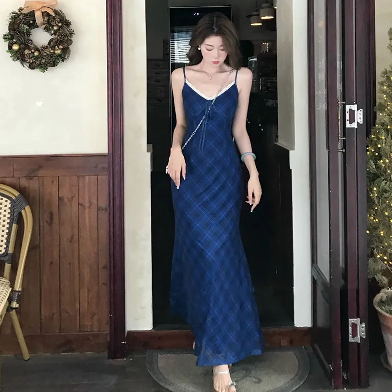 OURUOKE Slip Dresses Women's Blue Shopping Bag Included-3