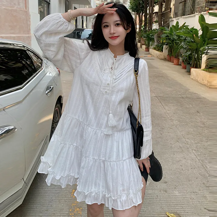 OURUOKE Long Sleeved Dresses Women's White-6