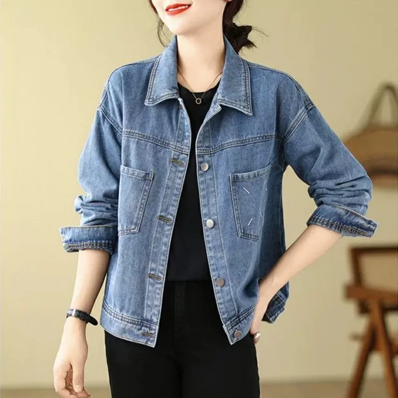 OURUOKE Denim Jacket Women's Blue Shopping Bag Included-5