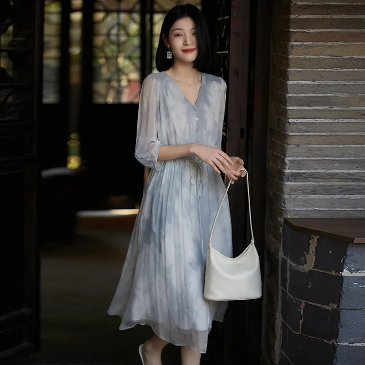 OURUOKE Long Sleeved Dresses Women's Blended Blue Shopping Bag Included-6