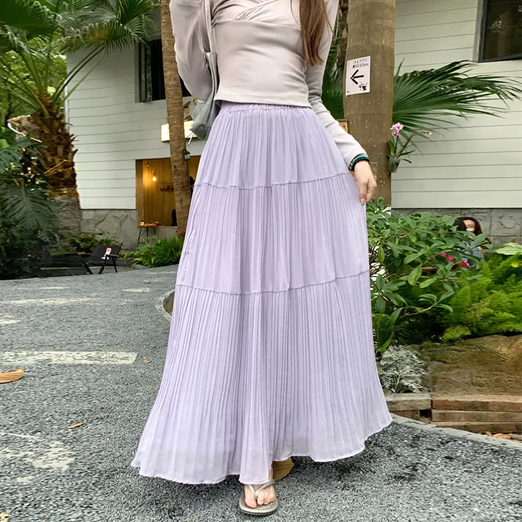 OURUOKE Casual Long Skirts Women's Purple Pleated Skirt-5