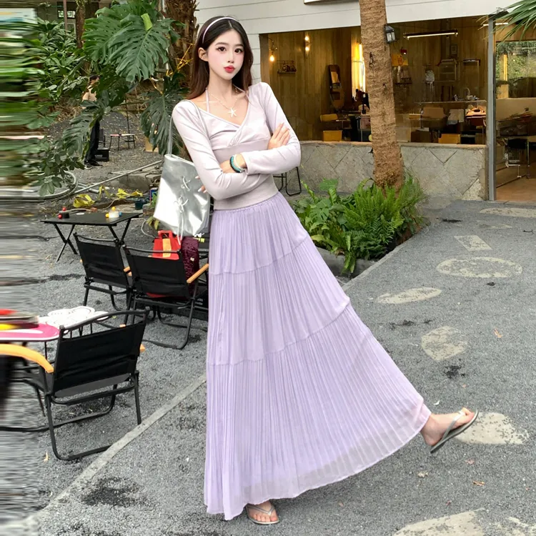 OURUOKE Casual Long Skirts Women's Purple Pleated Skirt-2