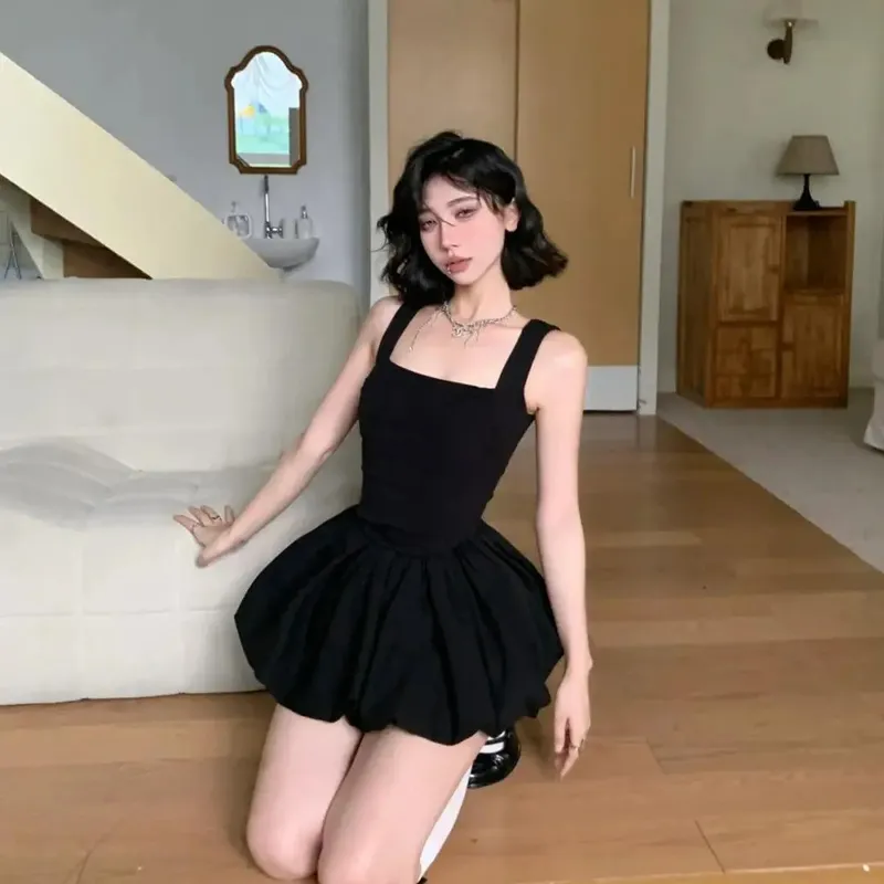 OURUOKE Slip Dress Women's Black-4