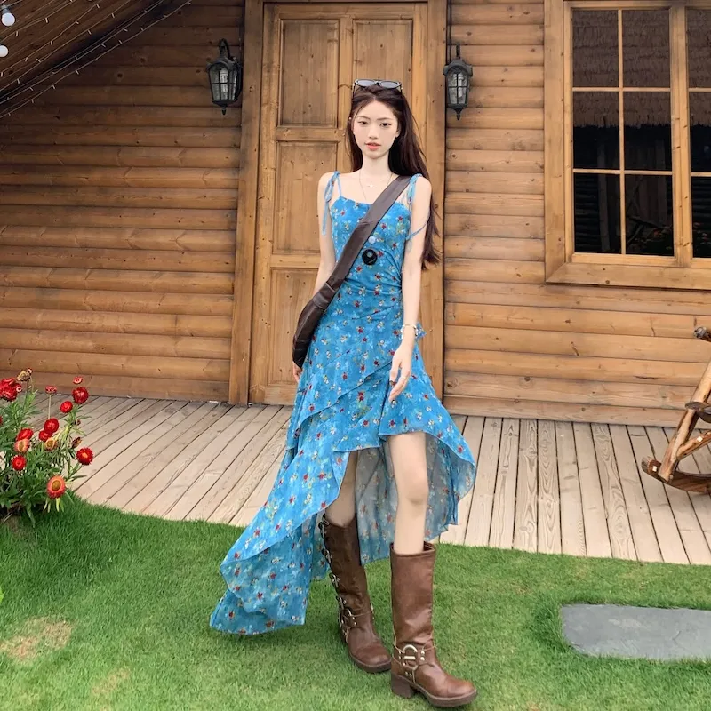 OURUOKE Slip Dresses Women's Blue Shopping Bag Included-2